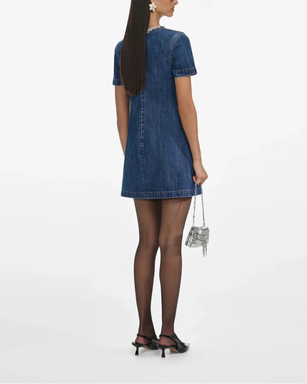 SELF PORTRAIT denim crystal trim mini dress on figure back