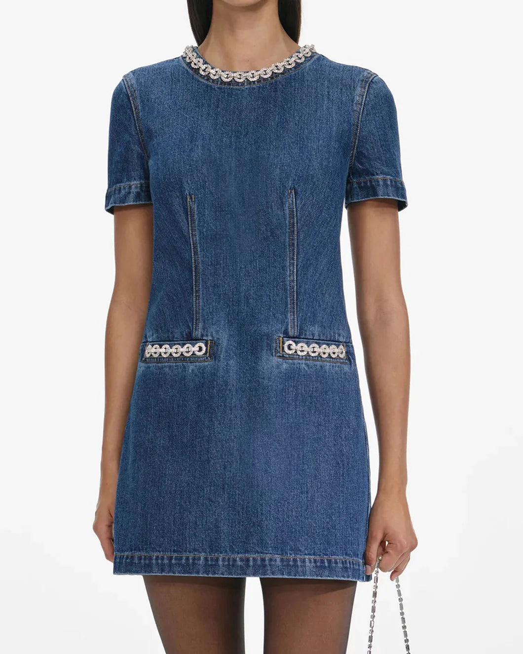 SELF PORTRAIT denim crystal trim mini dress on figure front detail