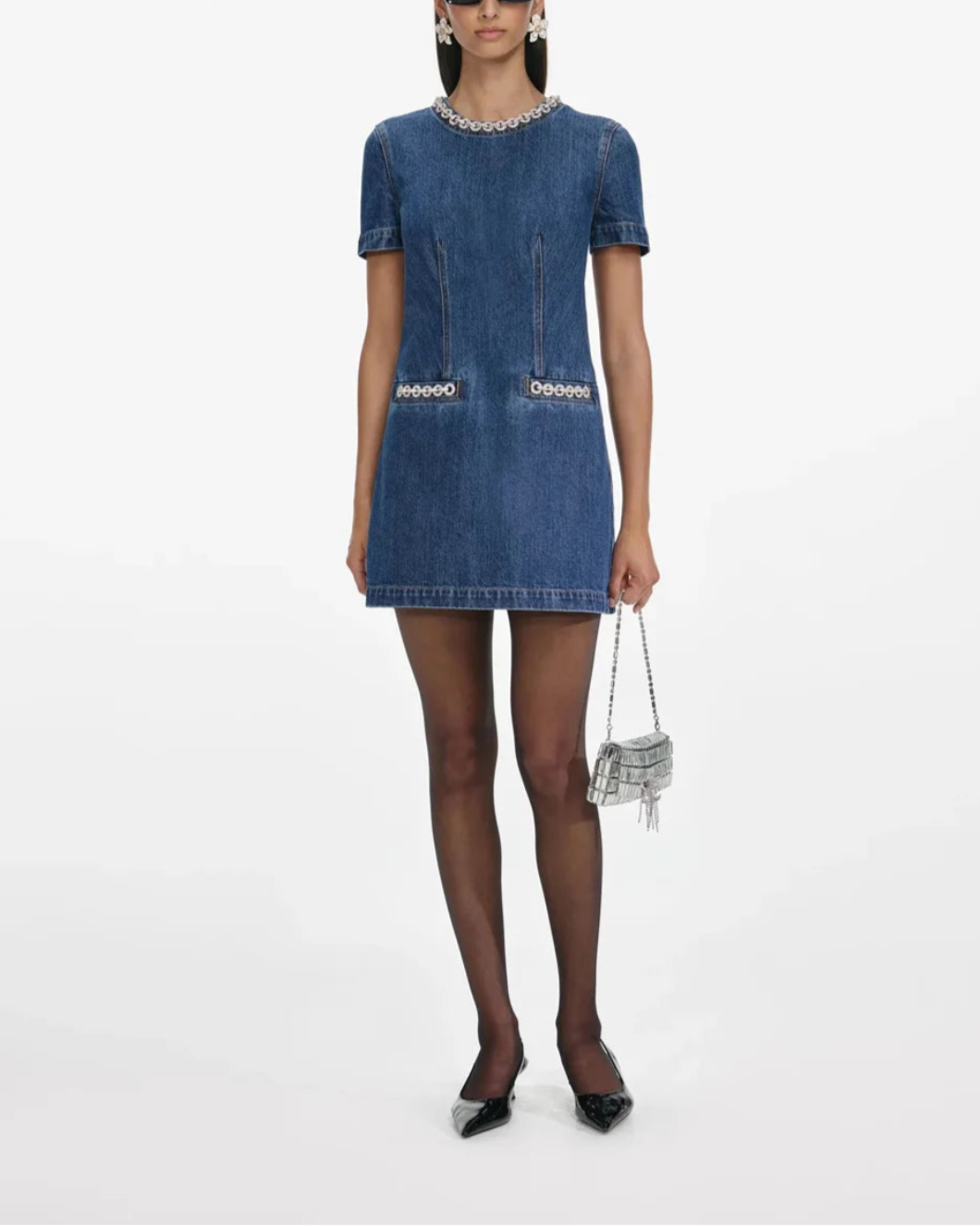SELF PORTRAIT denim crystal trim mini dress on figure front