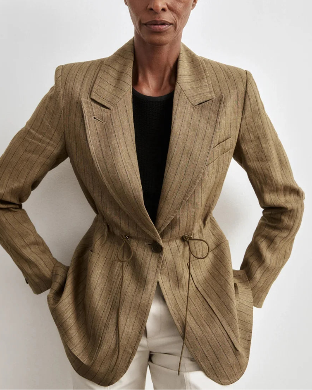 SMYTHE Drawcord Blazer Teak Pinstripe on figure front 1