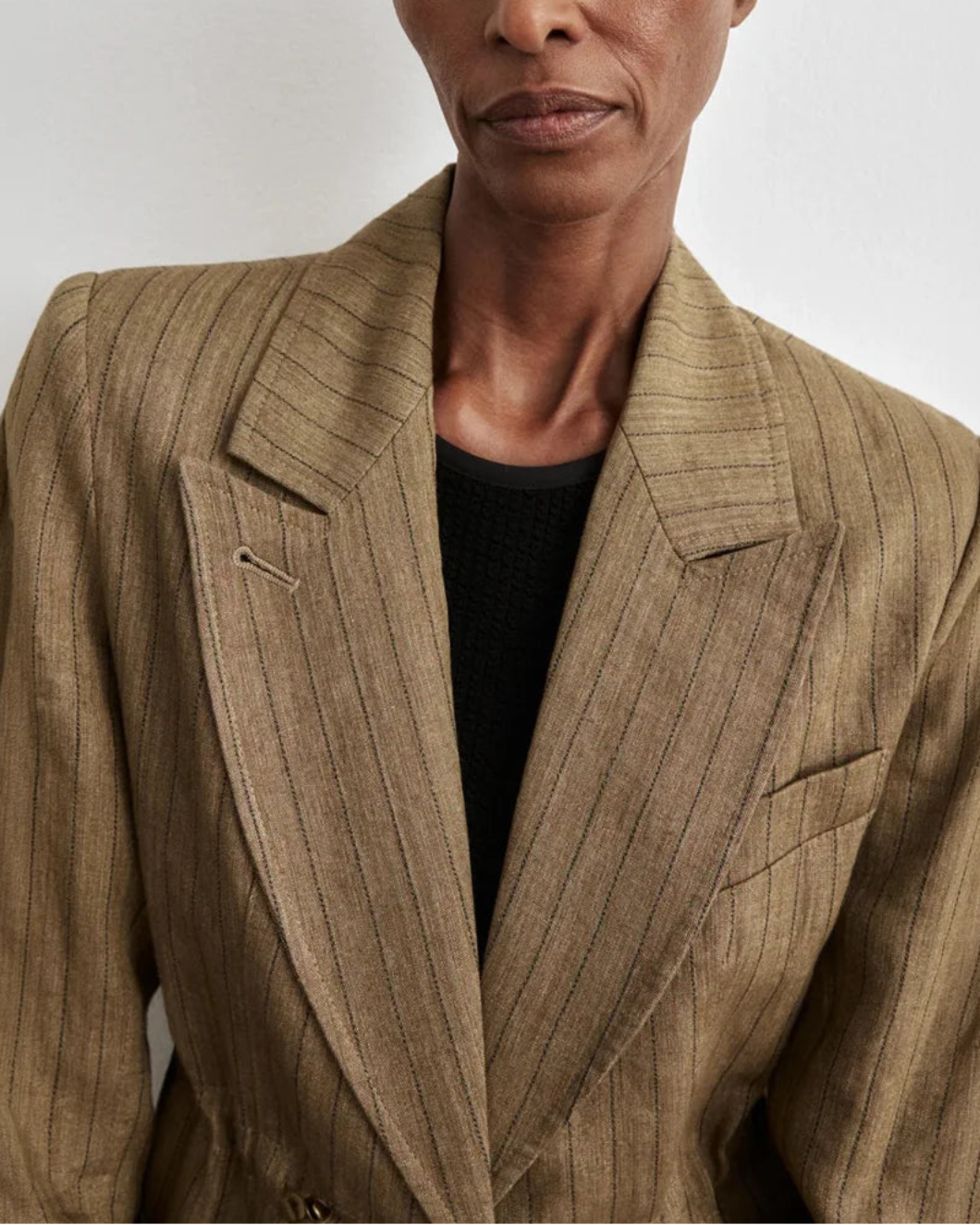 SMYTHE Drawcord Blazer Teak Pinstripe on figure front 3