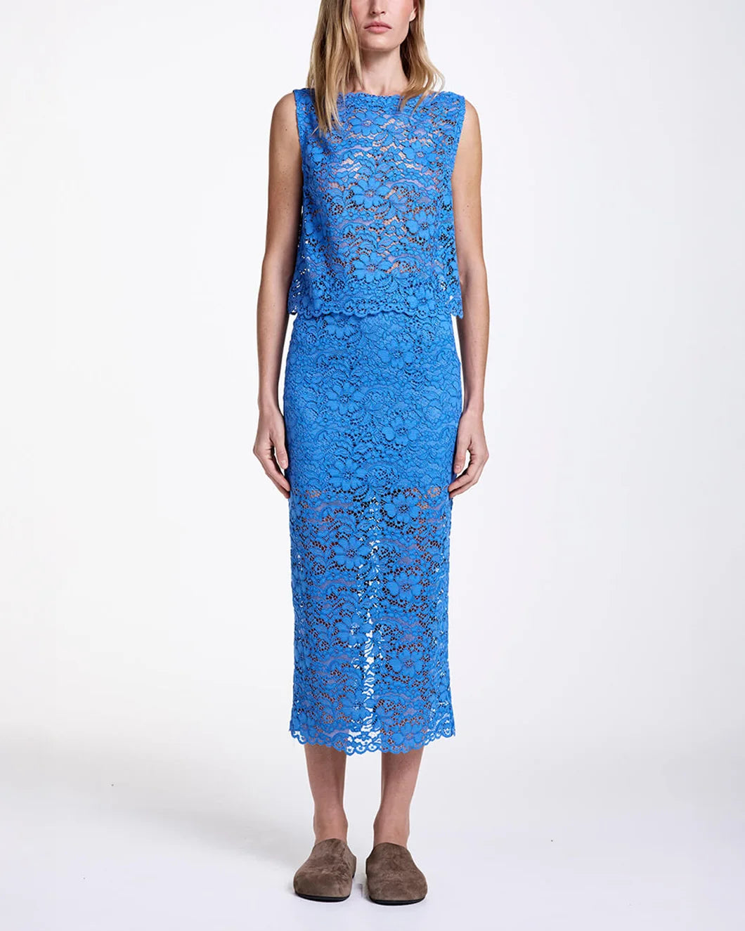 smythe Scallop Lace Shell and lace pencil skirt cornflower blue front