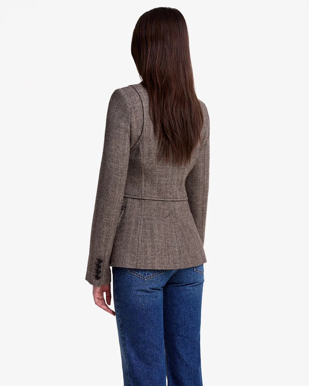 SMYTHE three button blazer mushroom herringbone on figure back