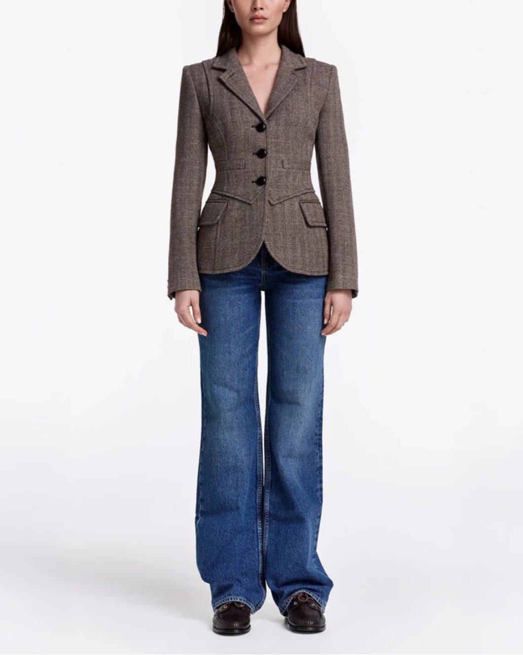 SMYTHE three button blazer mushroom herringbone on figure front