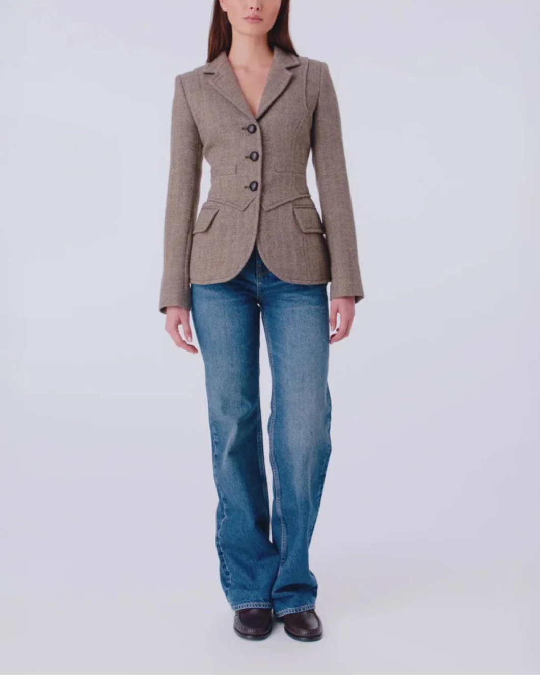 SMYTHE three button blazer mushroom herringbone on figure front