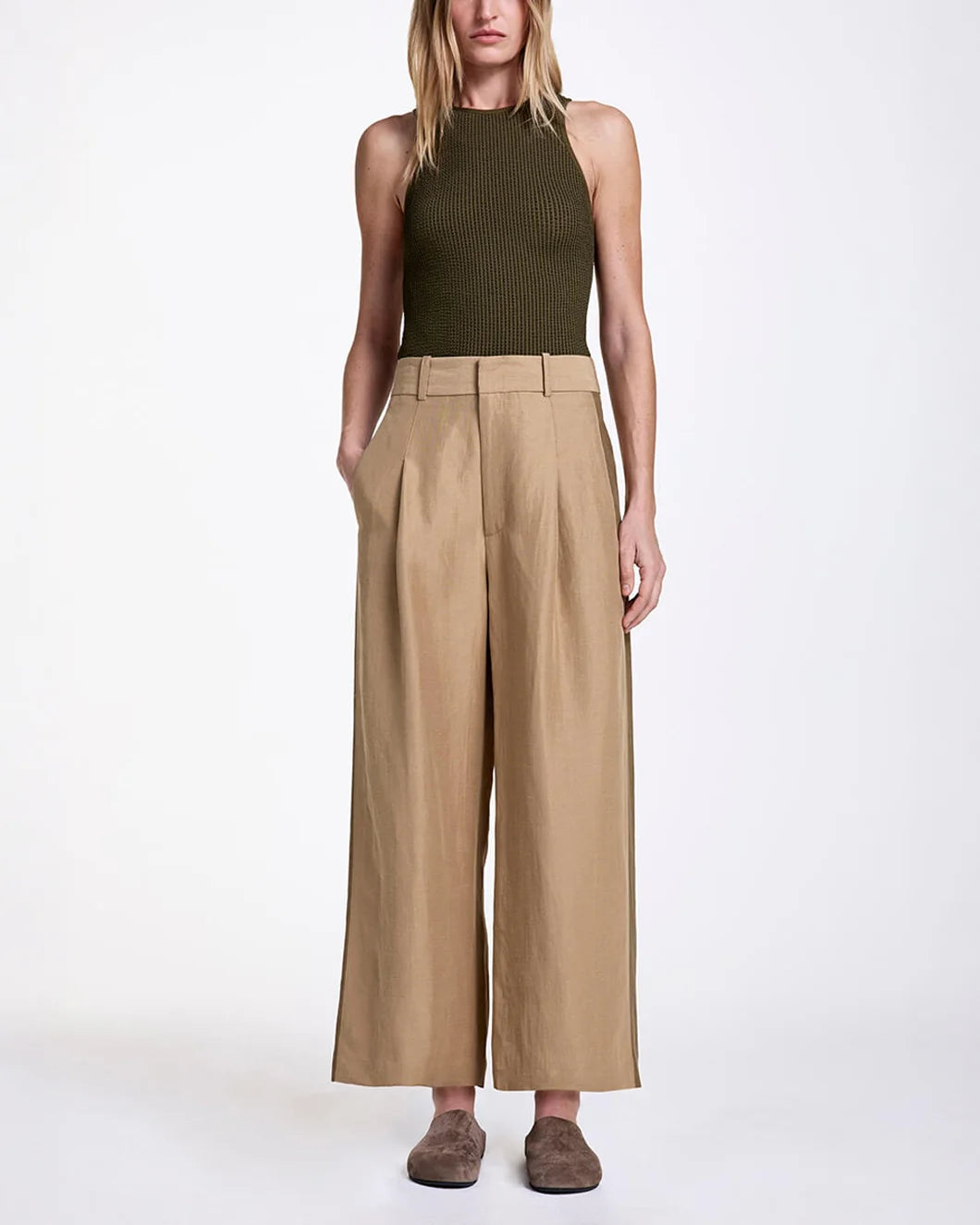 smythe Tux Stripe Crop Pleated Trouser khaki front