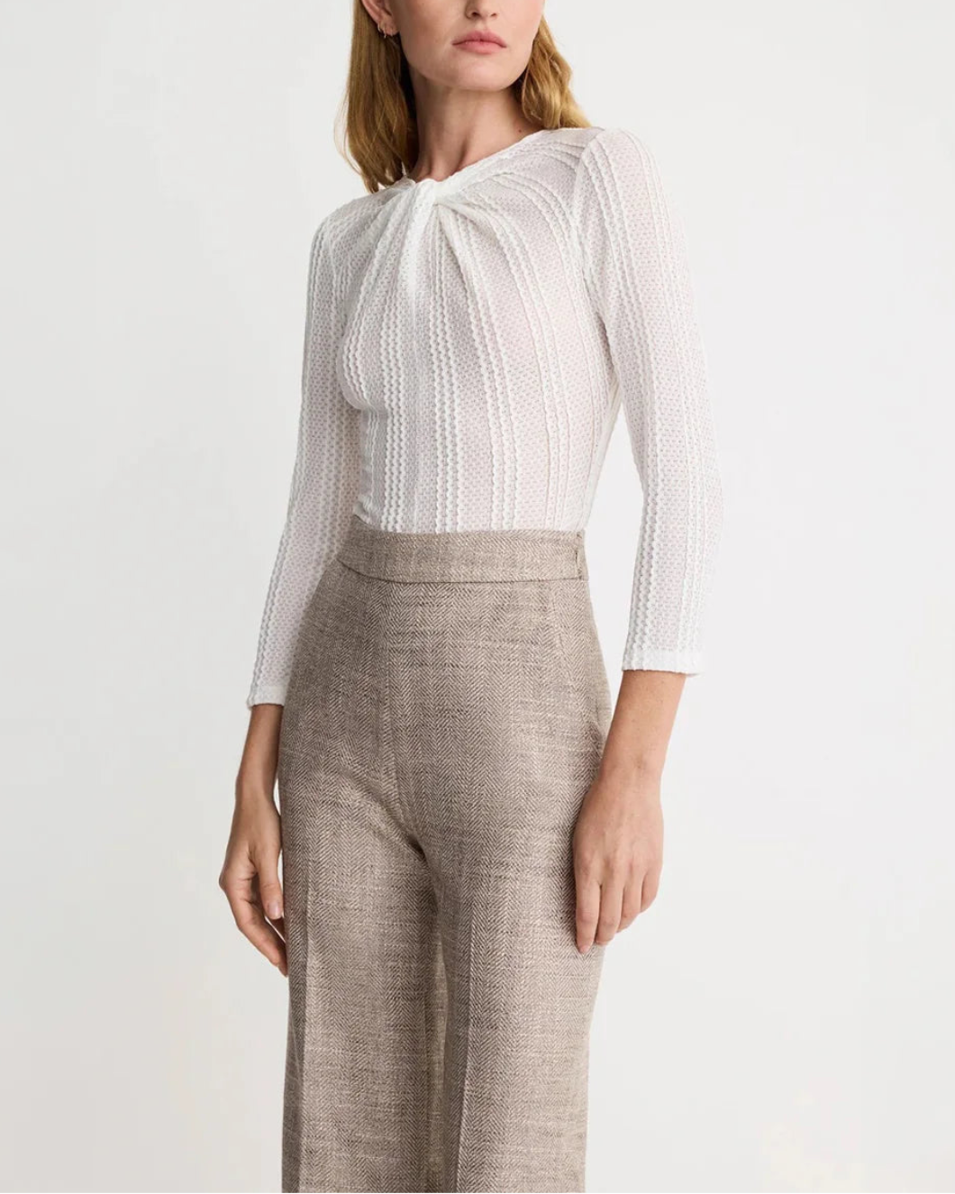 SMYTHE twist neck knit top on figure front