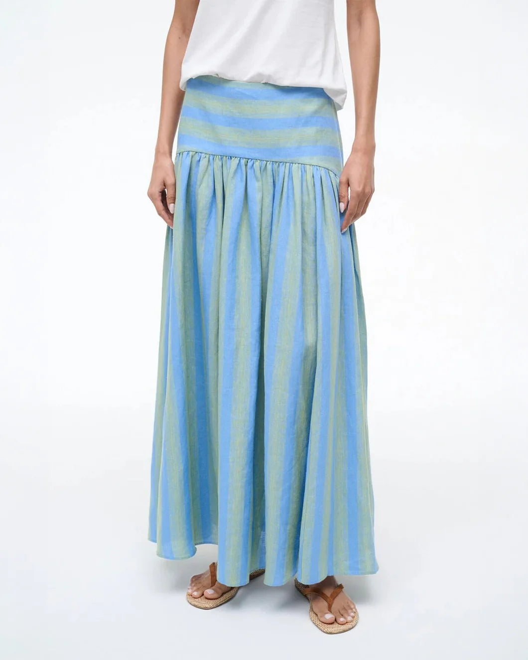 STAUD Procida Linen Skirt Seaport Stripe on figure front 1