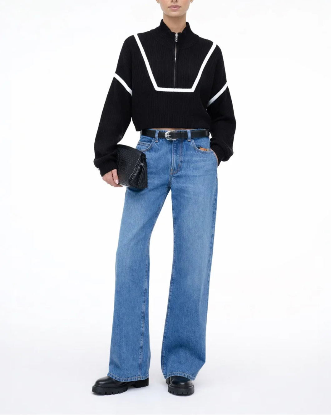 STAUD cropped hampton sweater black and white on figure front 1