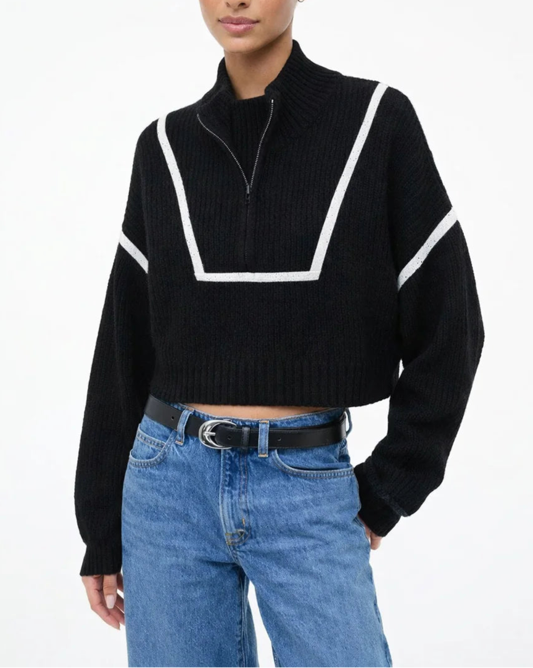 STAUD cropped hampton sweater black and white on figure front
