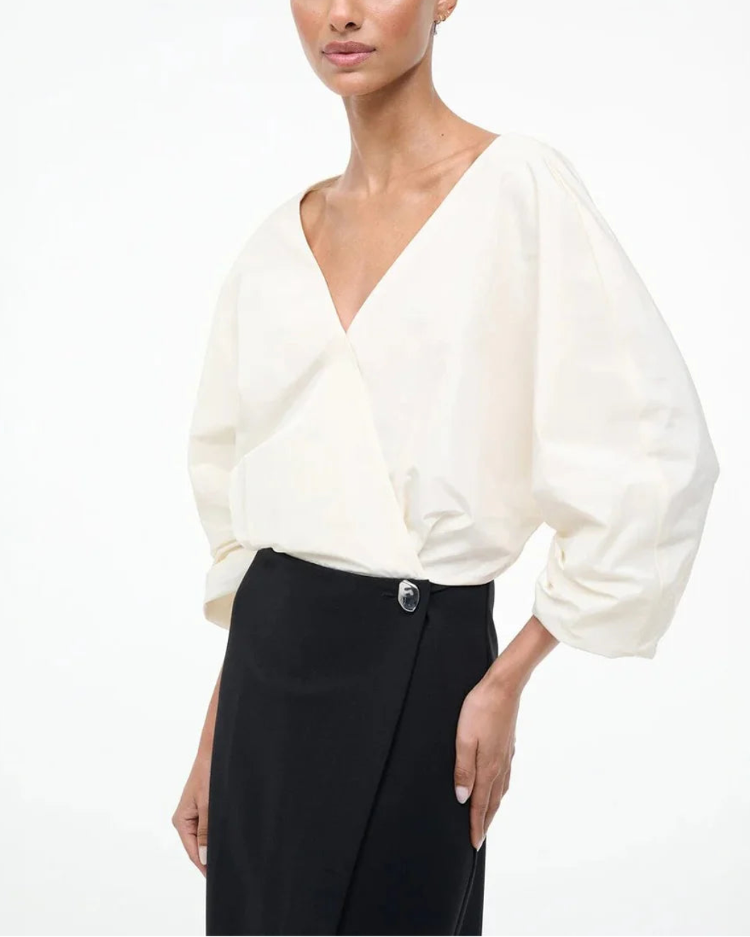 STAUD orion dress ivory black on figure front detail