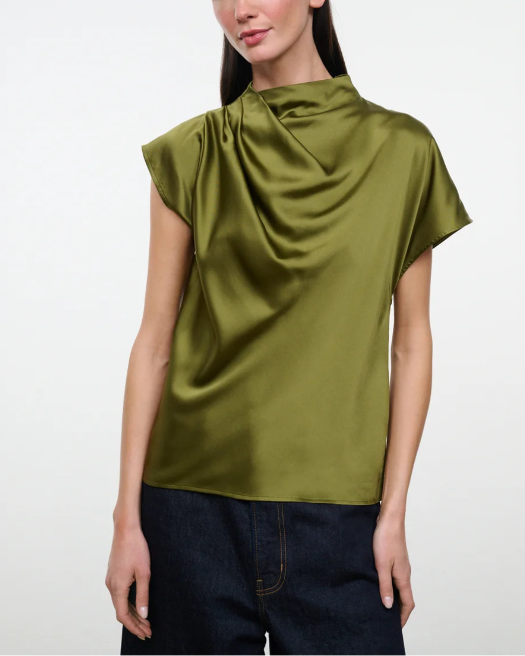 STAUD Davina Silk Top pear on figure front