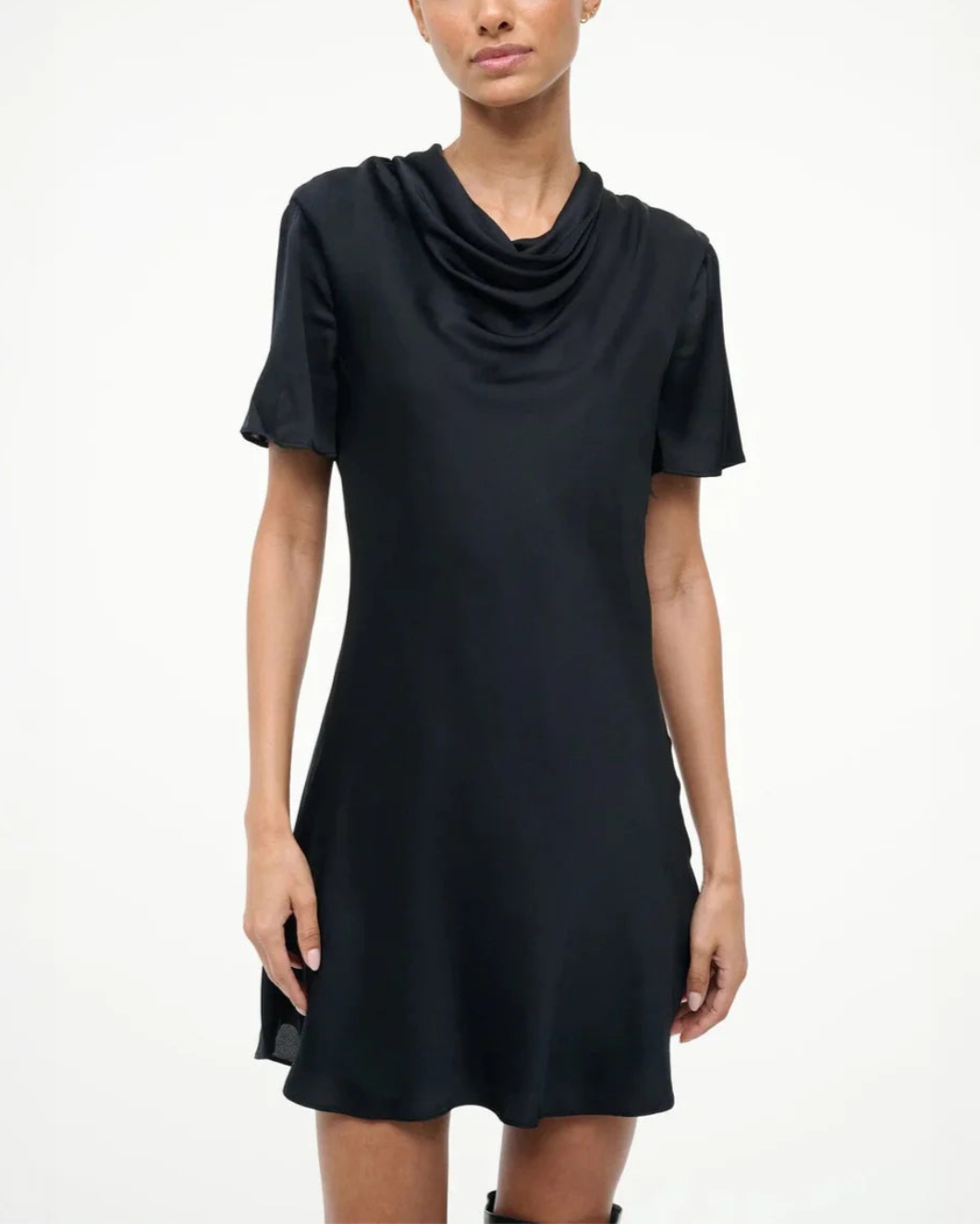 STAUD iris silk dress black on figure front detail