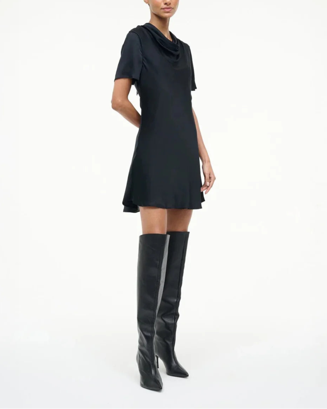 STAUD iris silk dress black on figure side