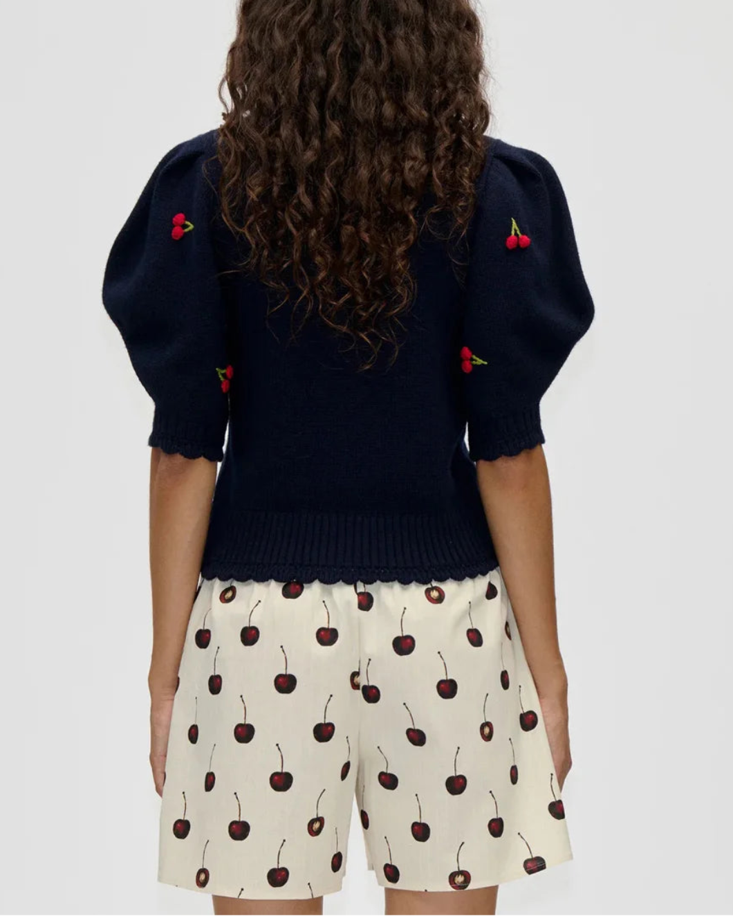 STINE GOYA Bobble Knit Polo Cardigan Cherries Bobble on figure back