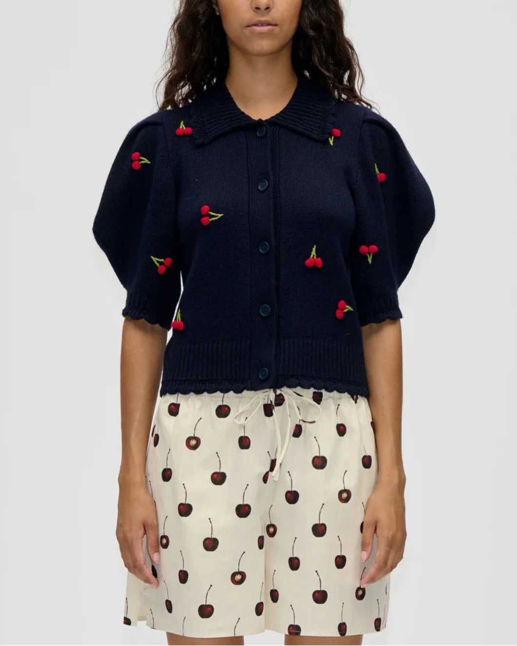 STINE GOYA Bobble Knit Polo Cardigan Cherries Bobble on figure front