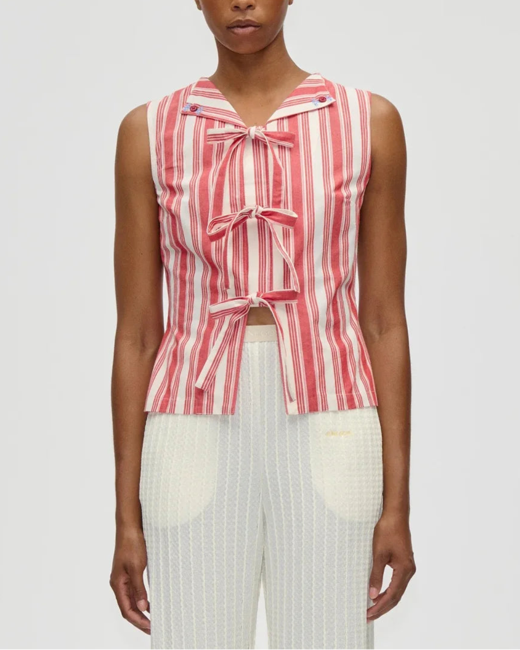 STINE GOYA Striped Embroidered Cotton Tie Front Vest in Scarlet Trot on figure front