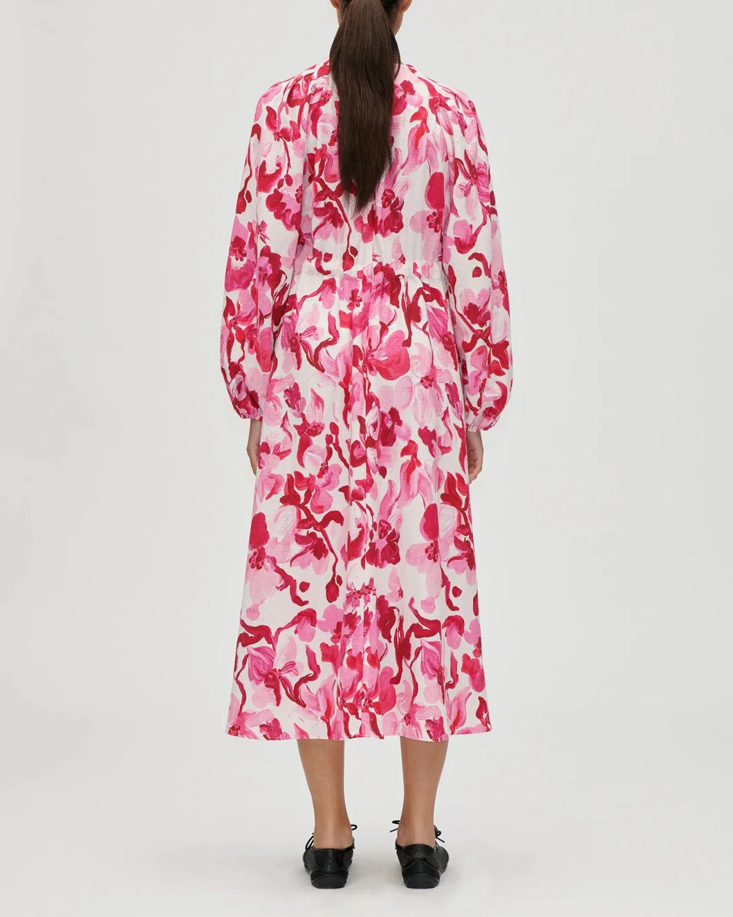 stine goya double buckle raglan midi dress brushstroke magnolia on figure back