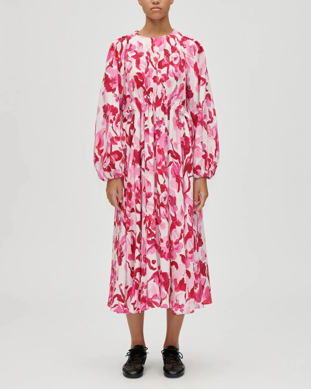 stine goya double buckle raglan midi dress brushstroke magnolia on figure front