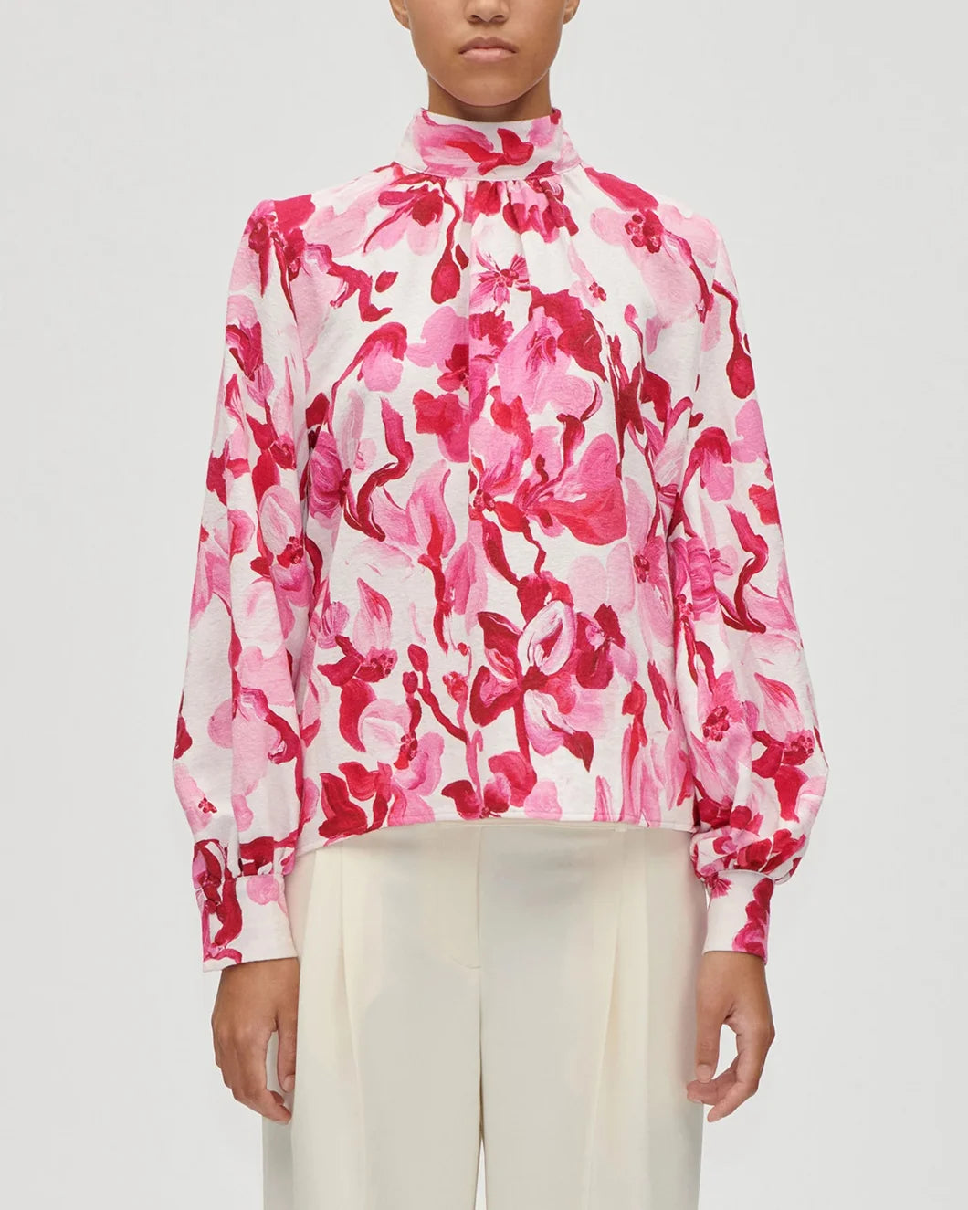 stine goya gathered high neck long sleeve top pink floral on figure front