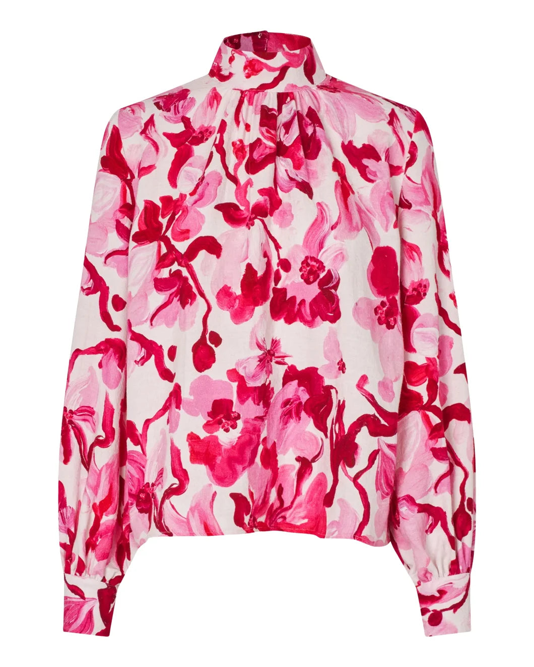stine goya gathered high neck long sleeve top brushstroke magnolias pink top front