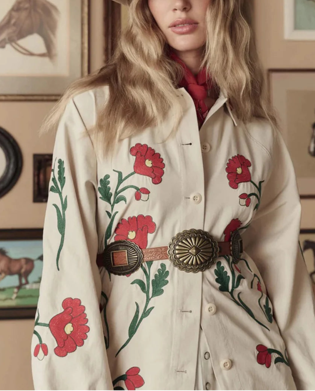 THE GREAT The Western Embroidered Commodore Jacket cream on figure front 2