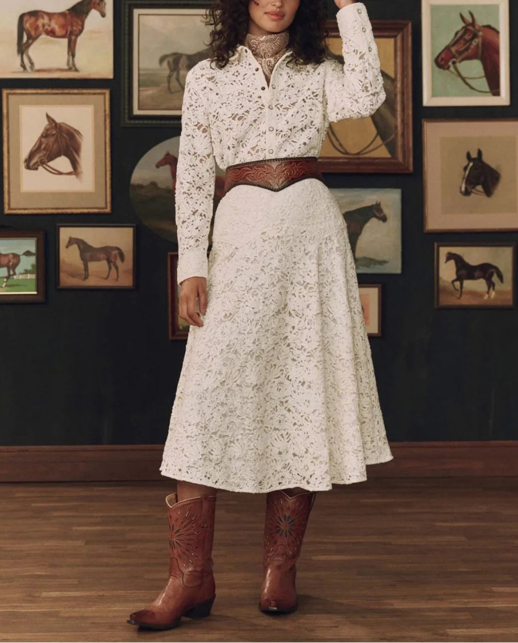 THE GREAT The Relic Lace Saddle Shirt cream on figure front 1