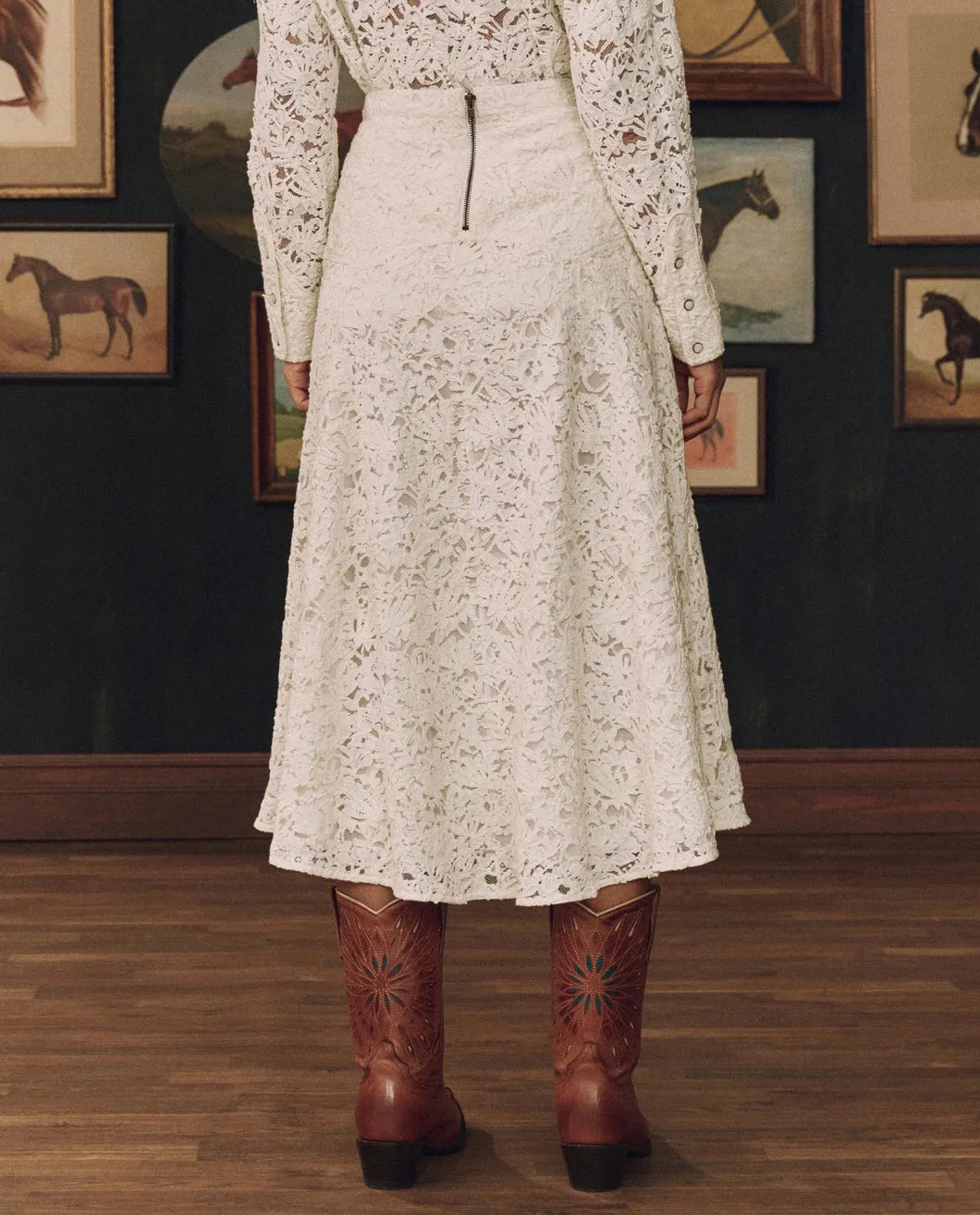 THE GREAT The Relic Lace Western Skirt cream on figure back