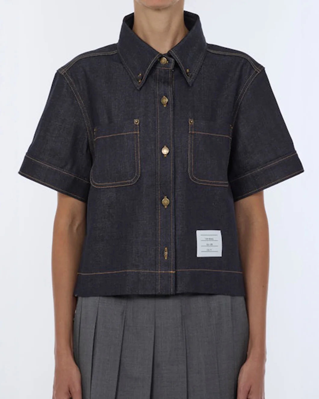 THOM BROWNE Japanese Selvedge Denim Button Down navy on figure front