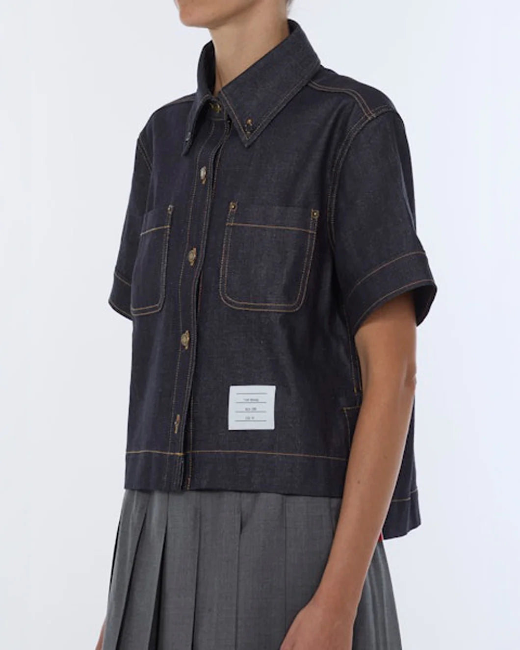 THOM BROWNE Japanese Selvedge Denim Button Down navy on figure side