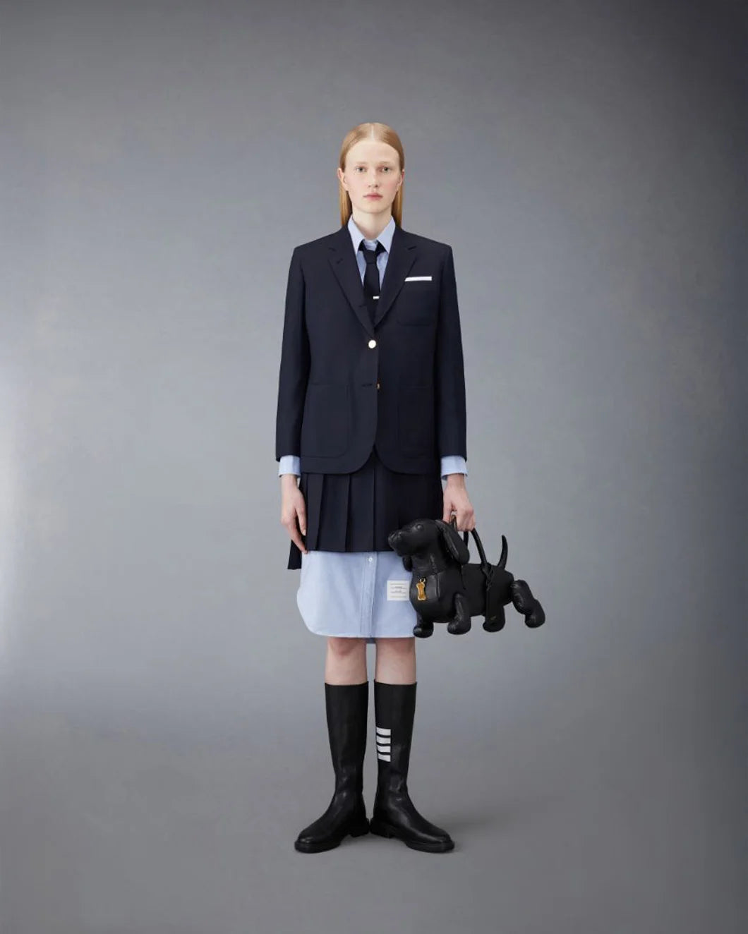 THOM BROWNE Knee Length Point Collar Shirtdress Light Blue on figure front