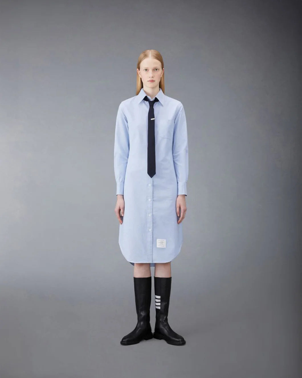 THOM BROWNE Knee Length Point Collar Shirtdress Light Blue on figure front