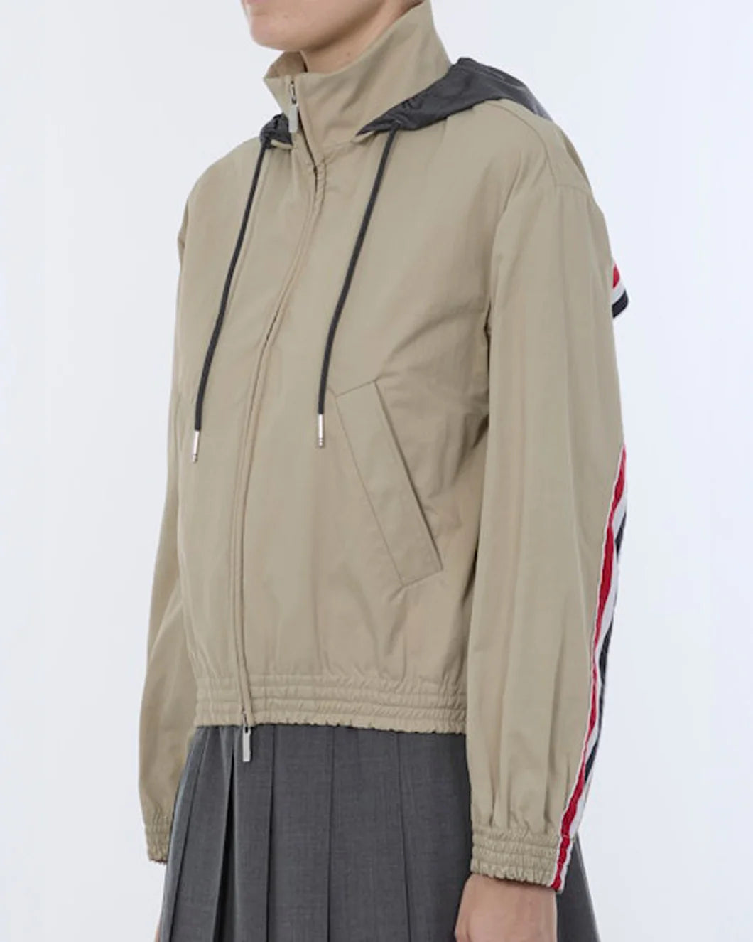 THOM BROWNE Nylon Cotton Track Jacket beige on figure side