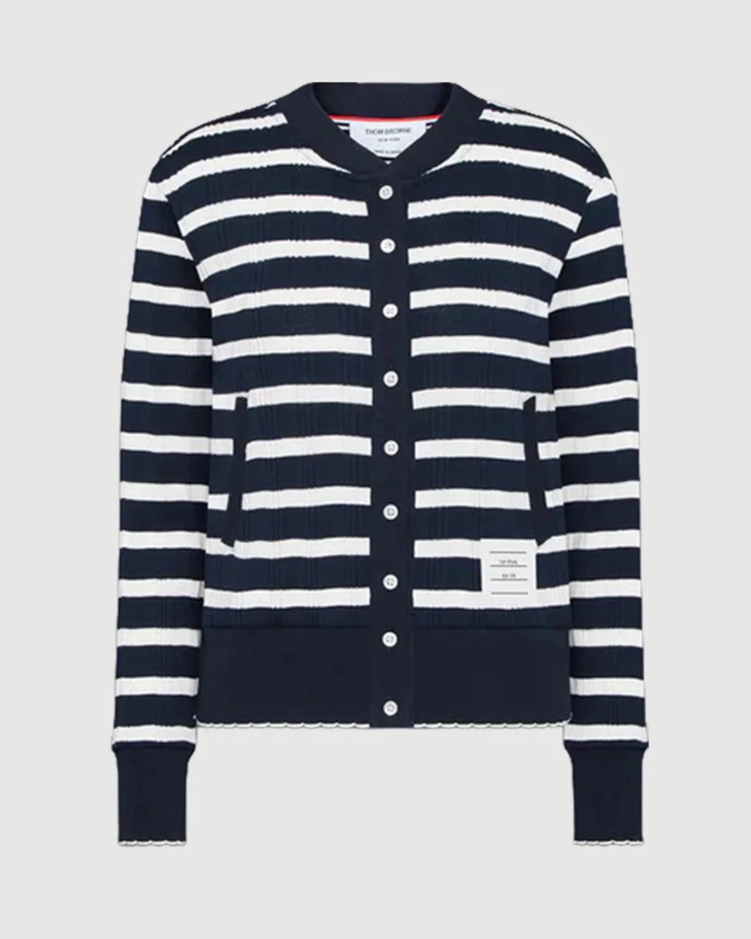 THOM BROWNE Striped Rib Scallop Edge Cardigan navy/white isolated