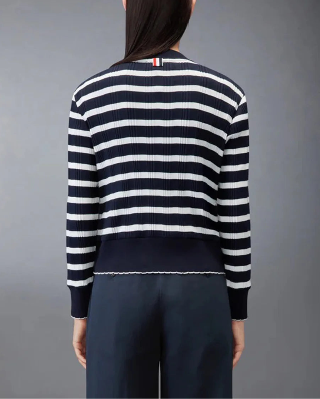 THOM BROWNE Striped Rib Scallop Edge Cardigan navy/white on figure back