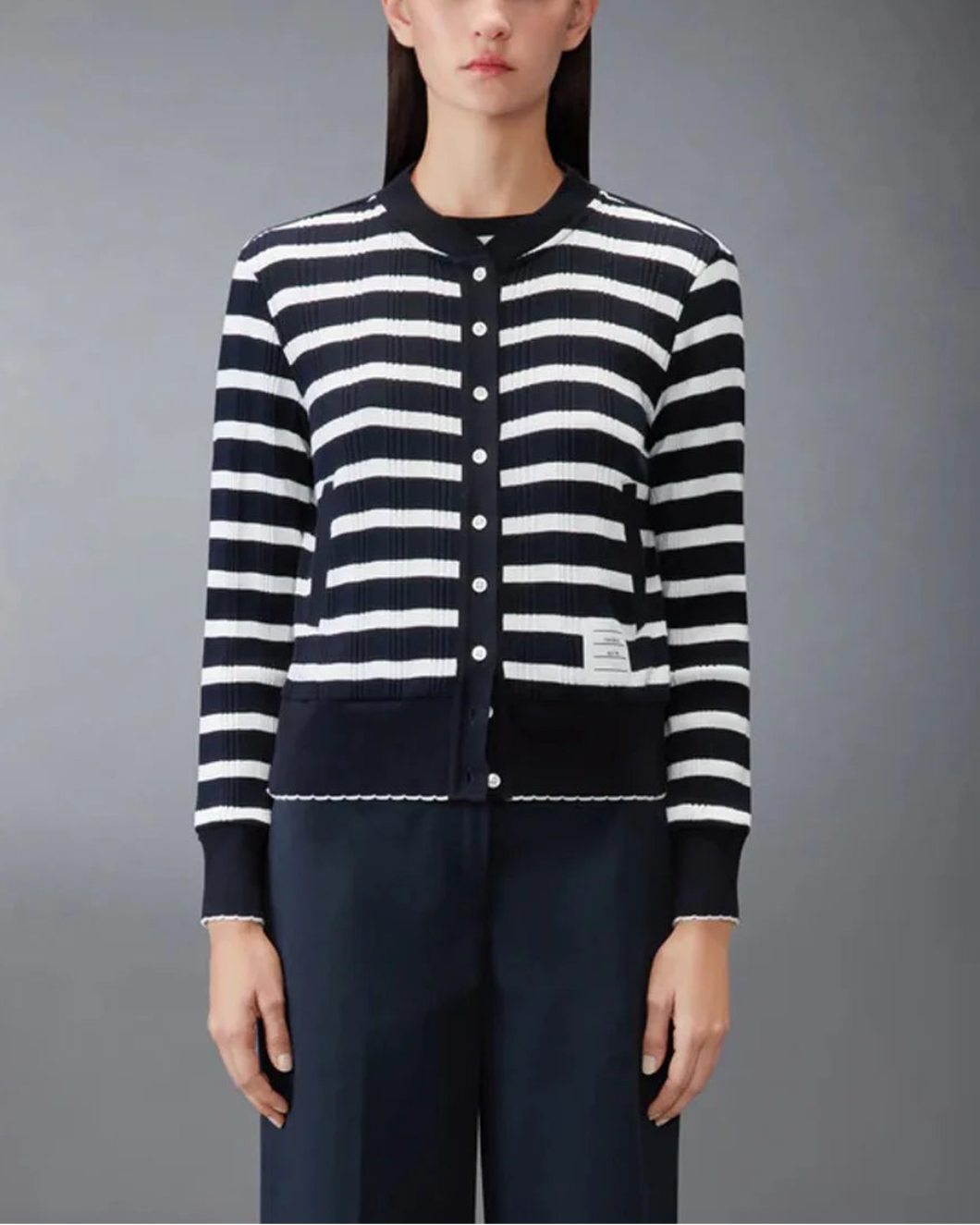 THOM BROWNE Striped Rib Scallop Edge Cardigan navy/white on figure front