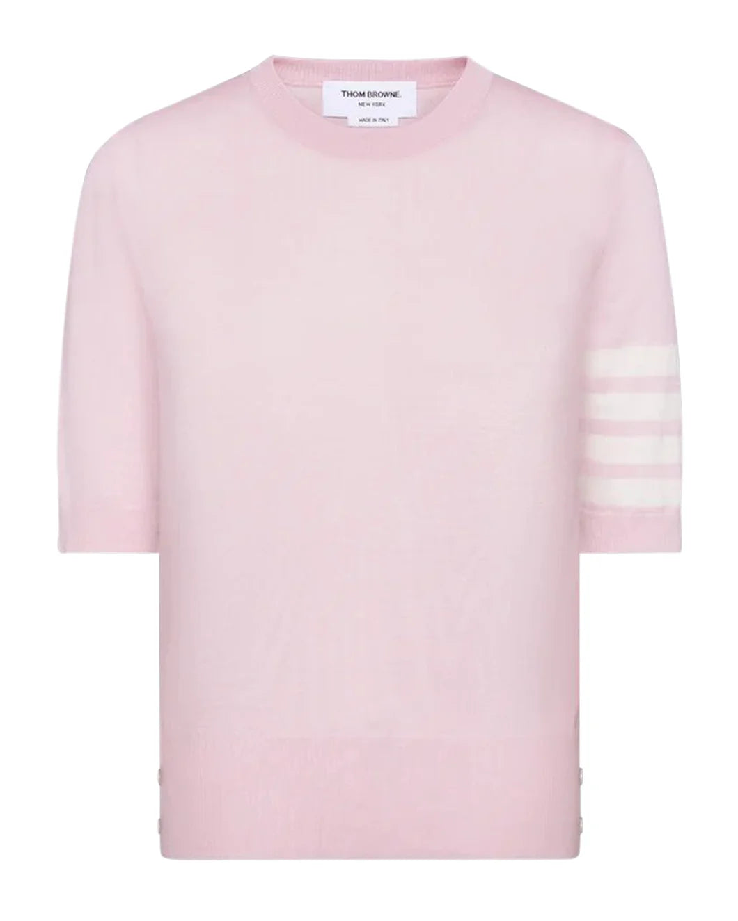 THOM BROWNE fine merino wool 4 bar tee pink front isolated
