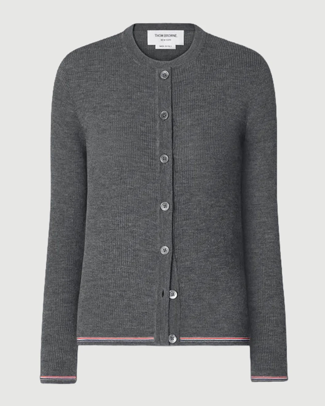 THOM BROWNE merino wool rib cardigan gray front isolated
