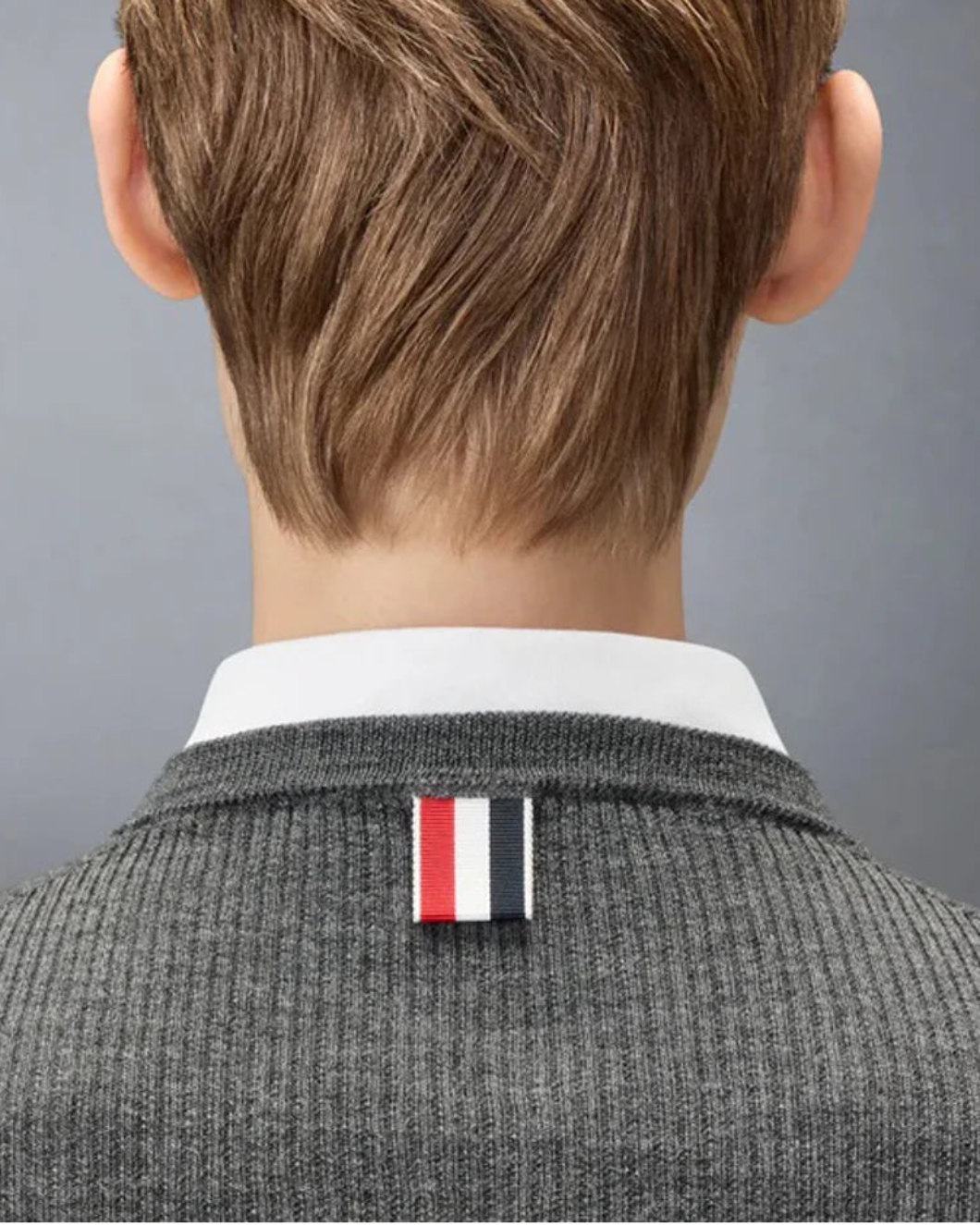 THOM BROWNE merino wool rib cardigan gray on figure back detail