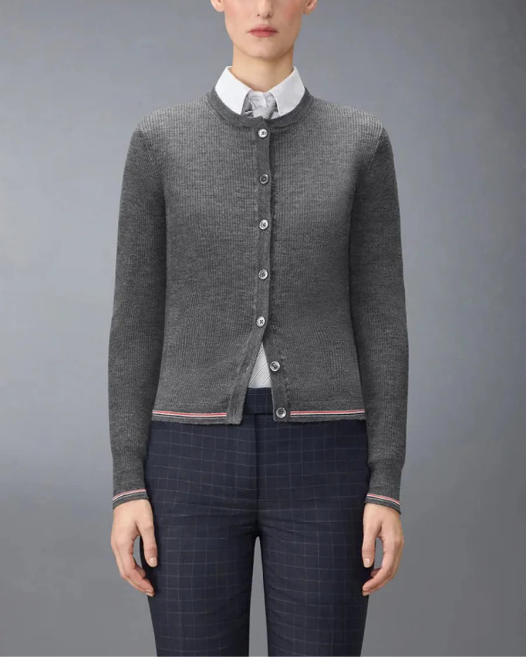 THOM BROWNE merino wool rib cardigan gray on figure front