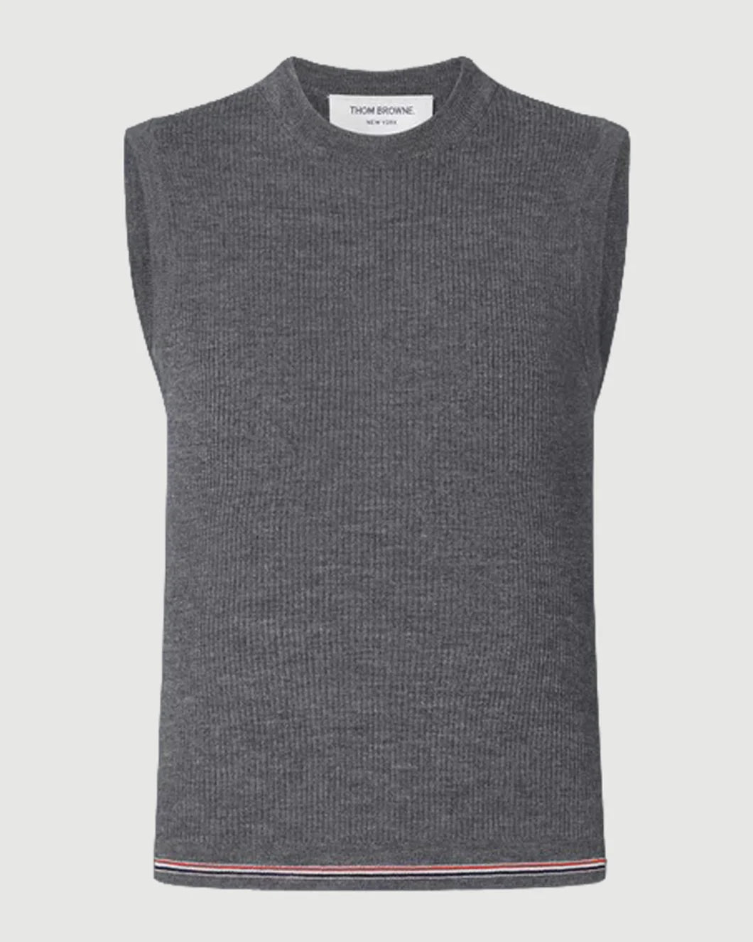 THOM BROWNE merino wool stripe shell top gray front isolated