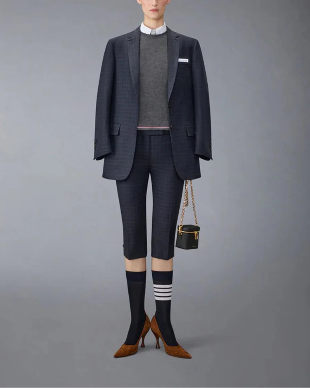 THOM BROWNE merino wool rib cardigan gray on figure front