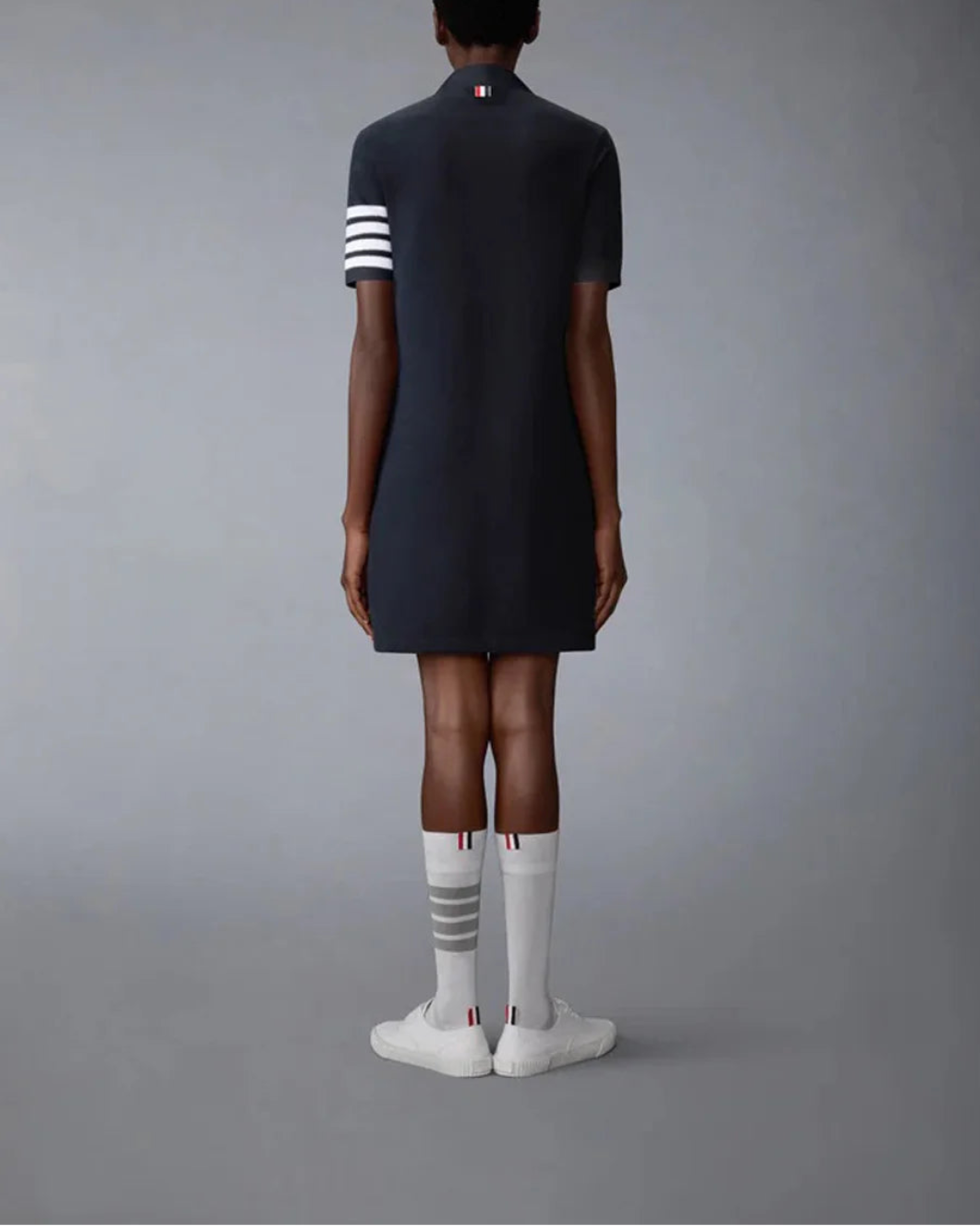 THOM BROWNE polo dress textured pique navy on figure back