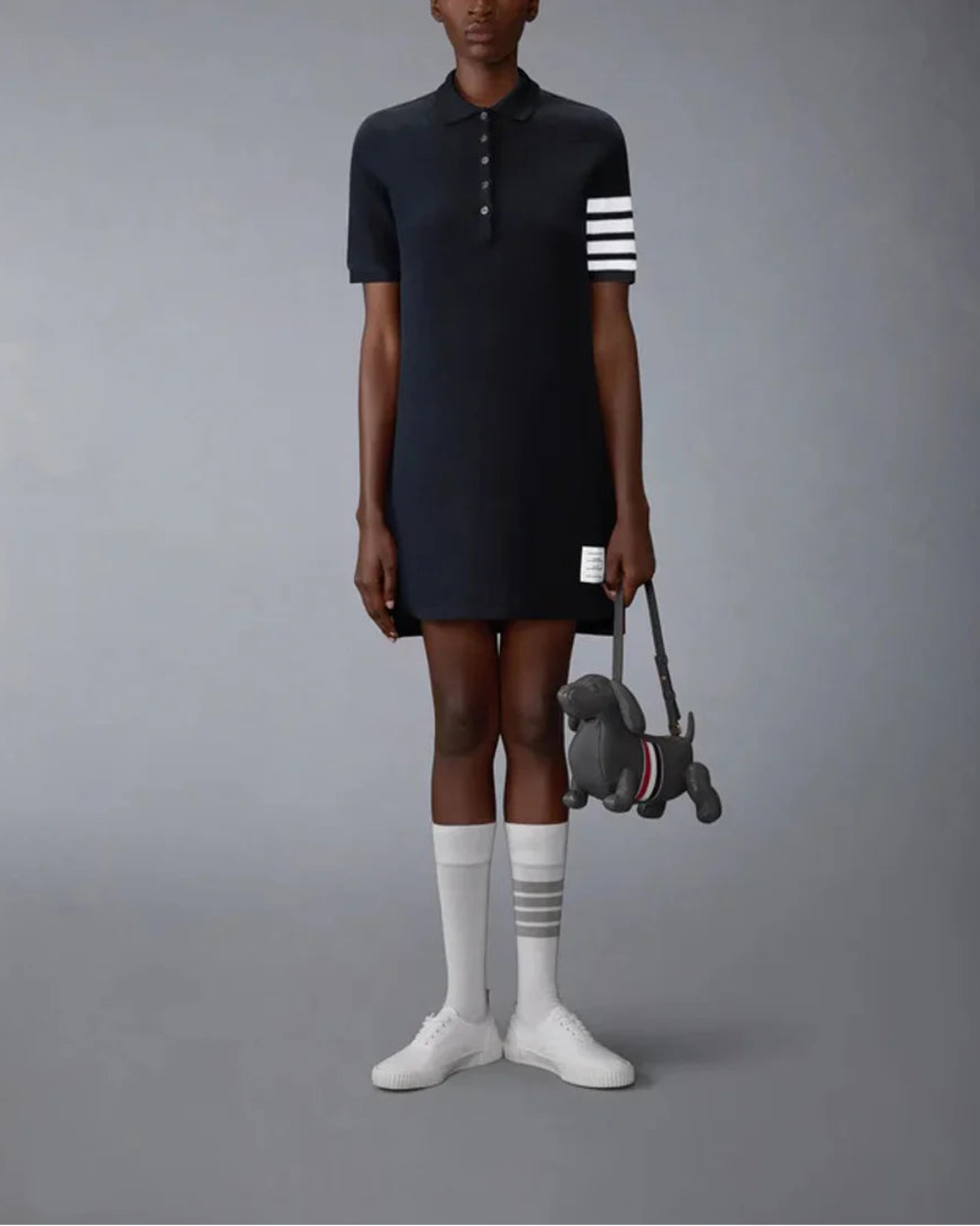 THOM BROWNE polo dress textured pique navy on figure front