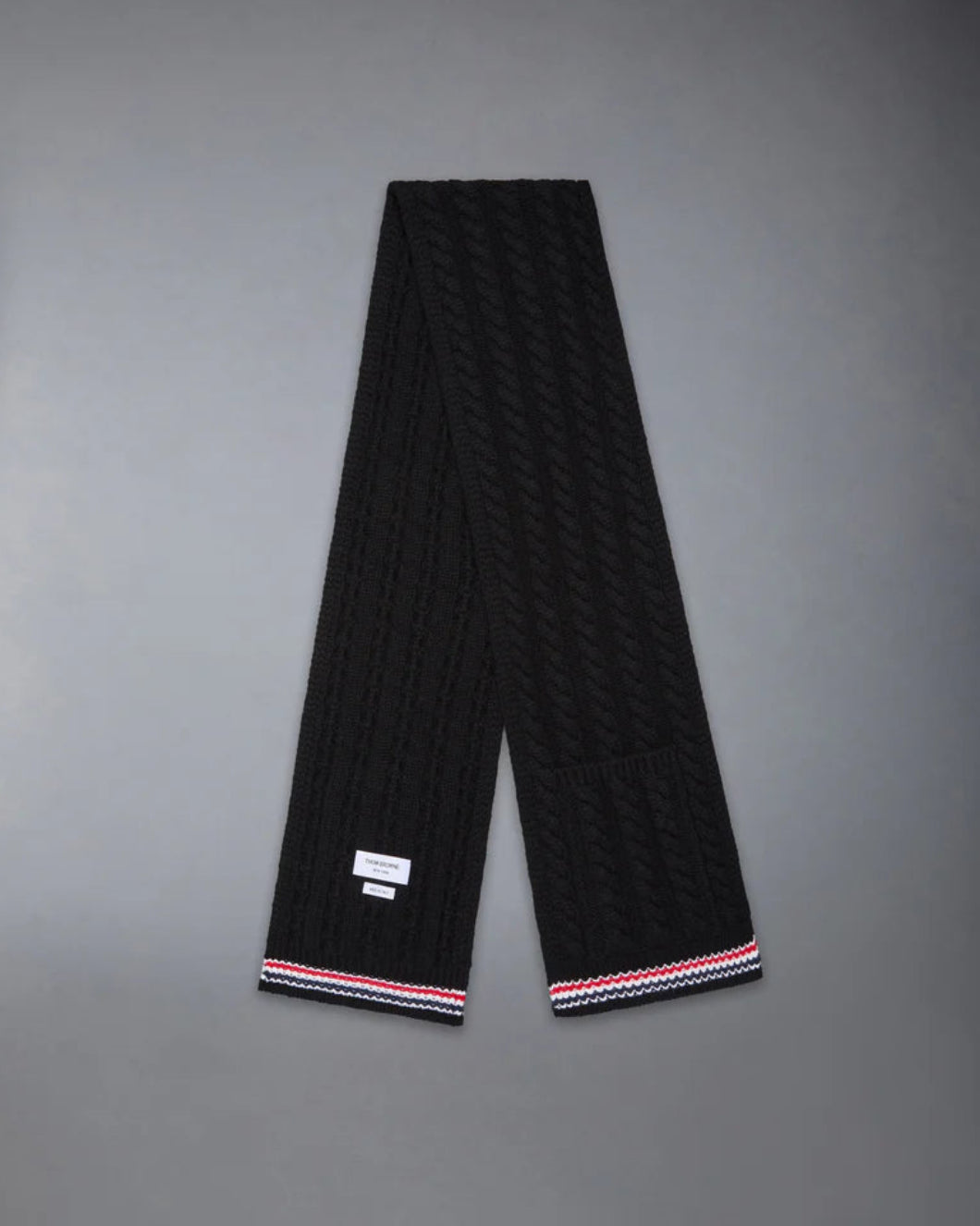 THOM BROWNE Cashmere Baby Cable Stitch RWB Stripe Pocket Scarf Black Isolated Front2