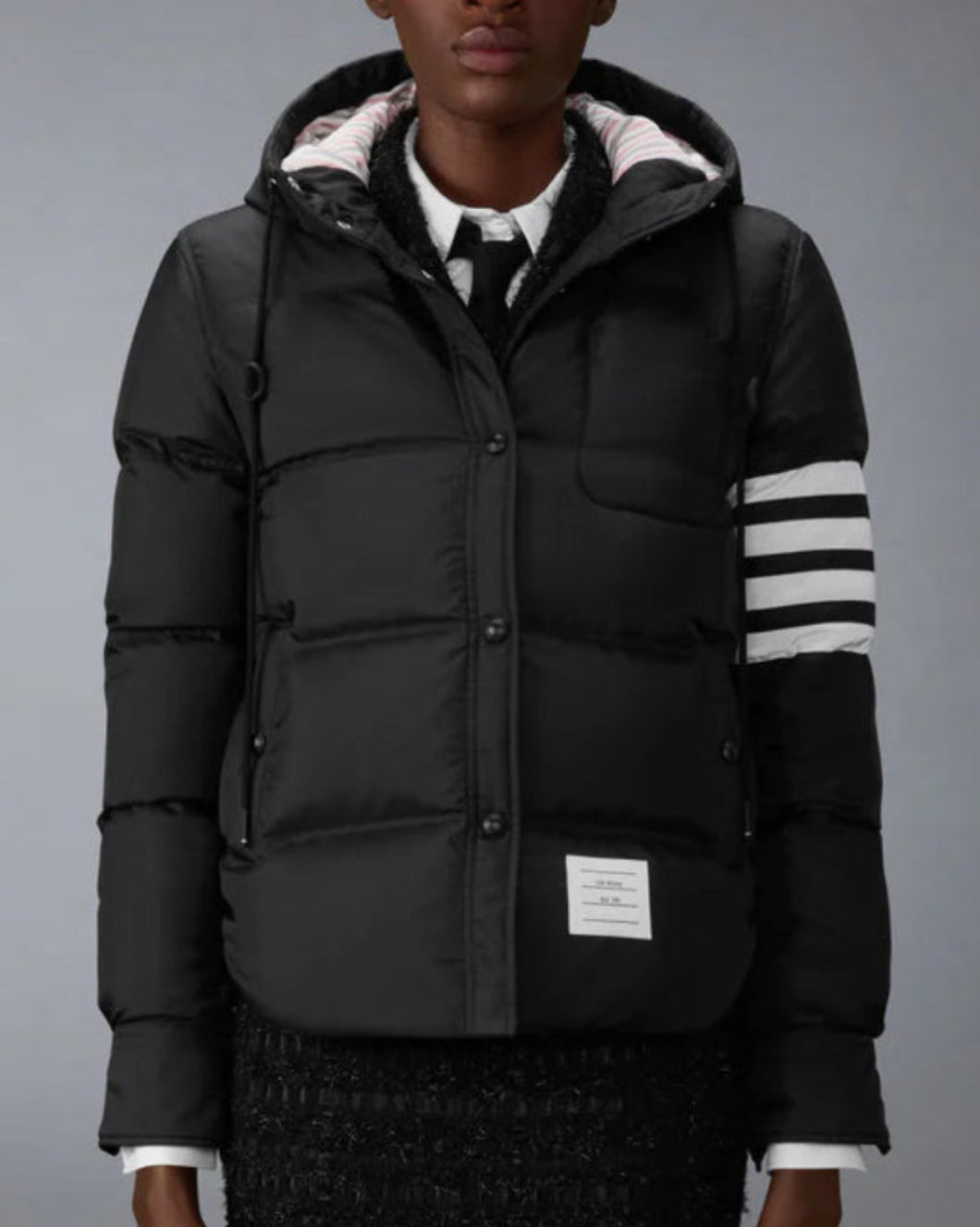 THOM BROWNE Shiny Ripstop Lightweight Down Filled 4-Bar Jacket Black On Fig Front