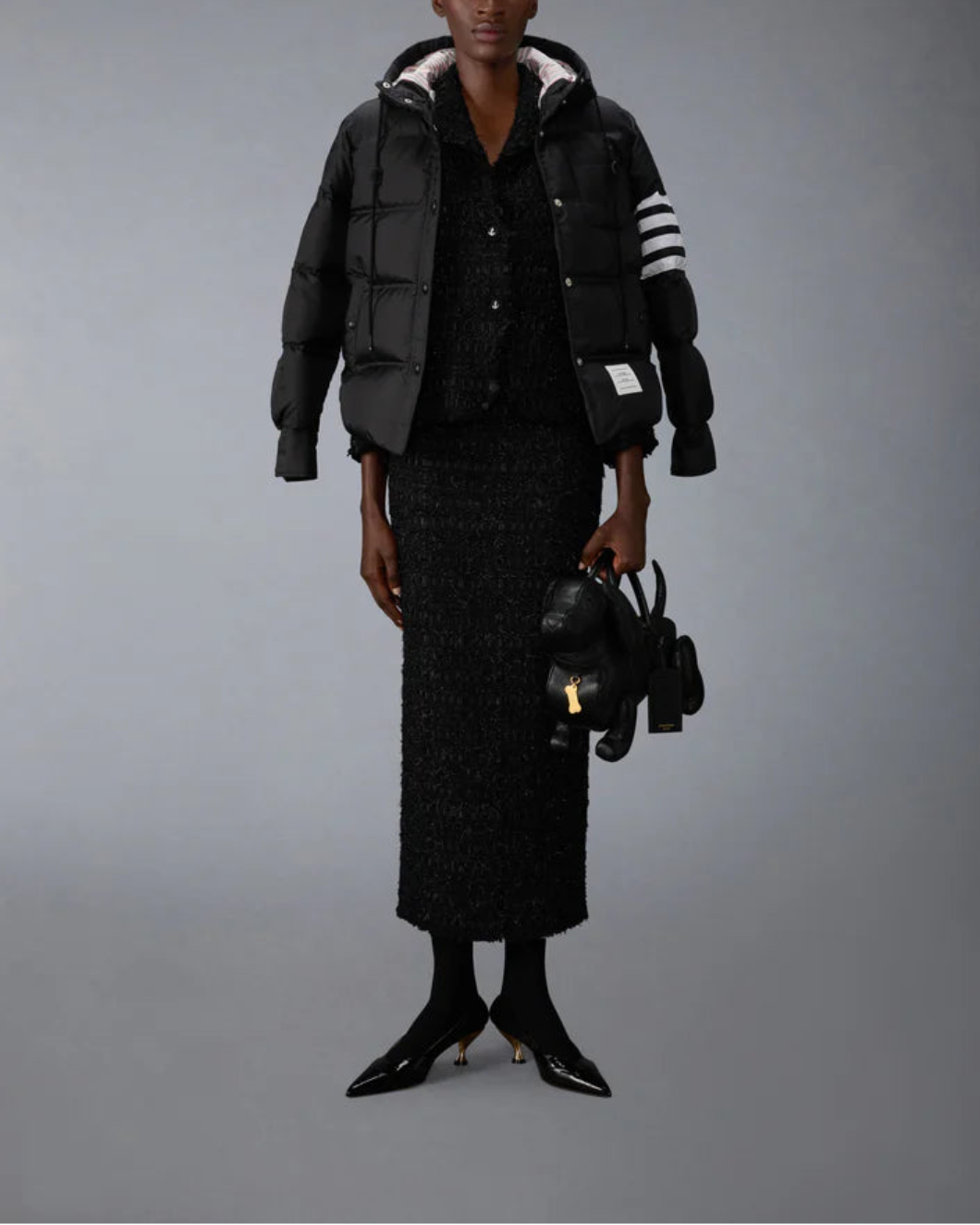 THOM BROWNE shiny ripstop lightweight down filled 4 bar jacket black on figure front