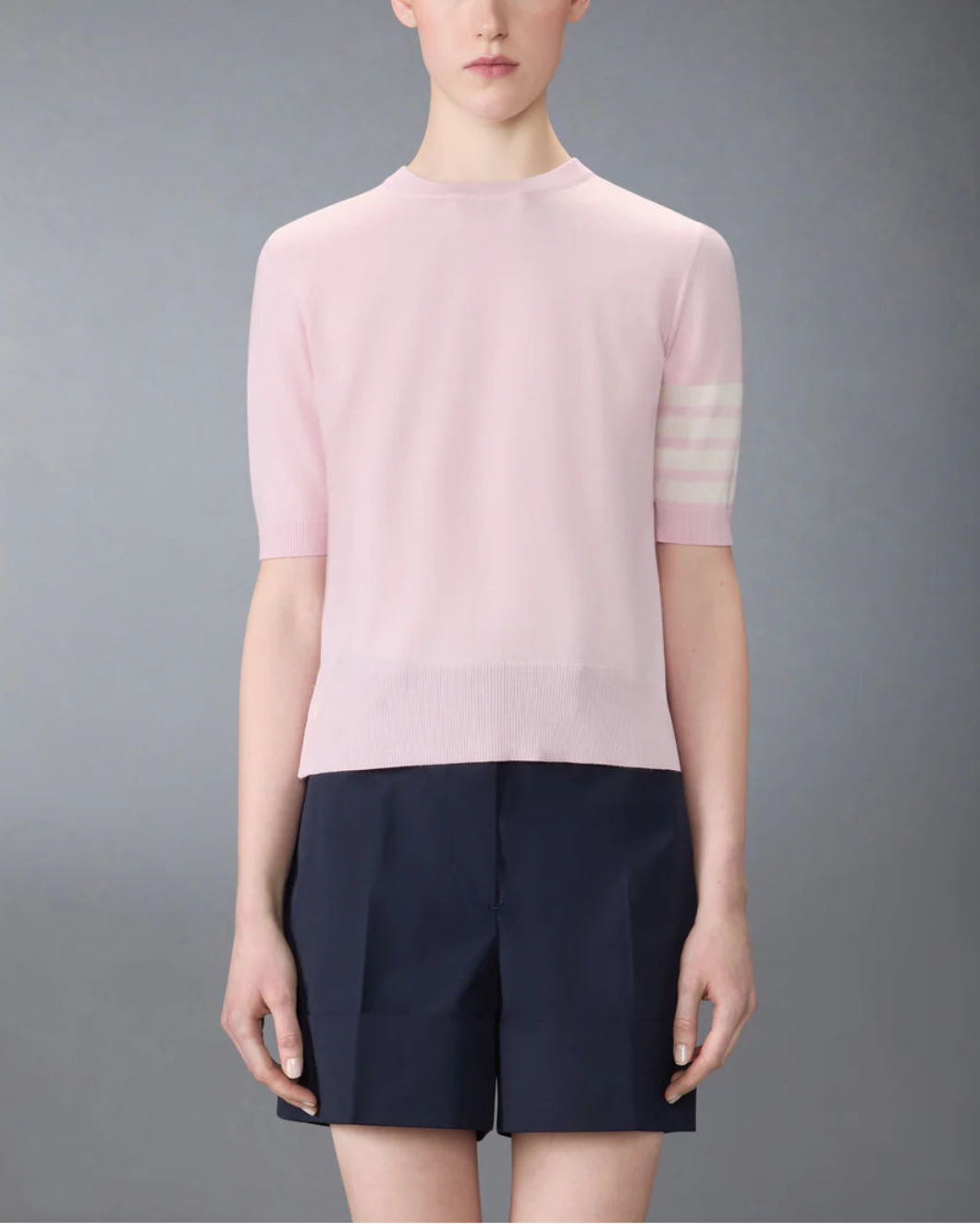 THOM BROWNE fine merino wool 4 bar tee pink on figure front