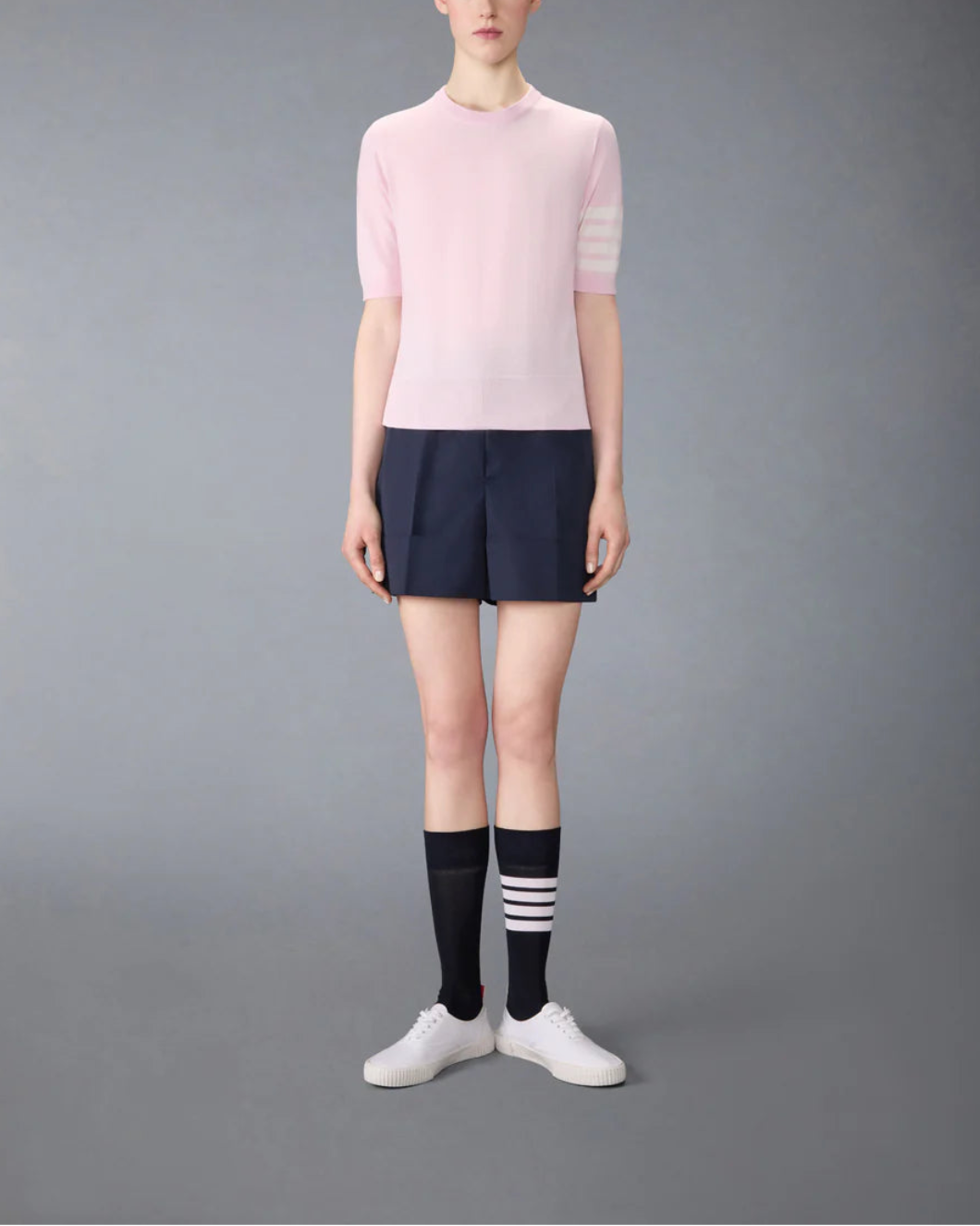 THOM BROWNE fine merino wool 4 bar tee pink on figure front