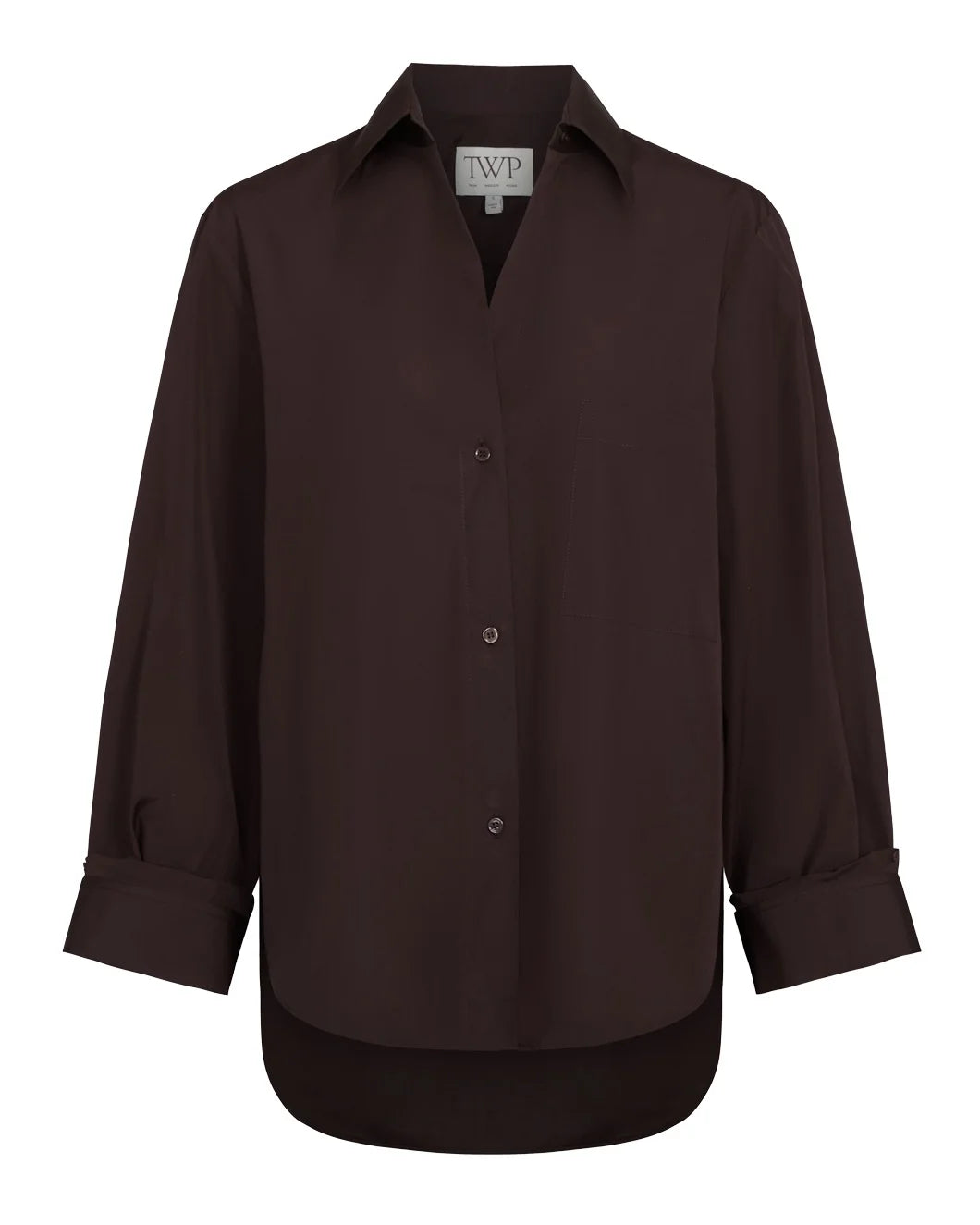 TWP Next Morning shirt chocolate front isolated